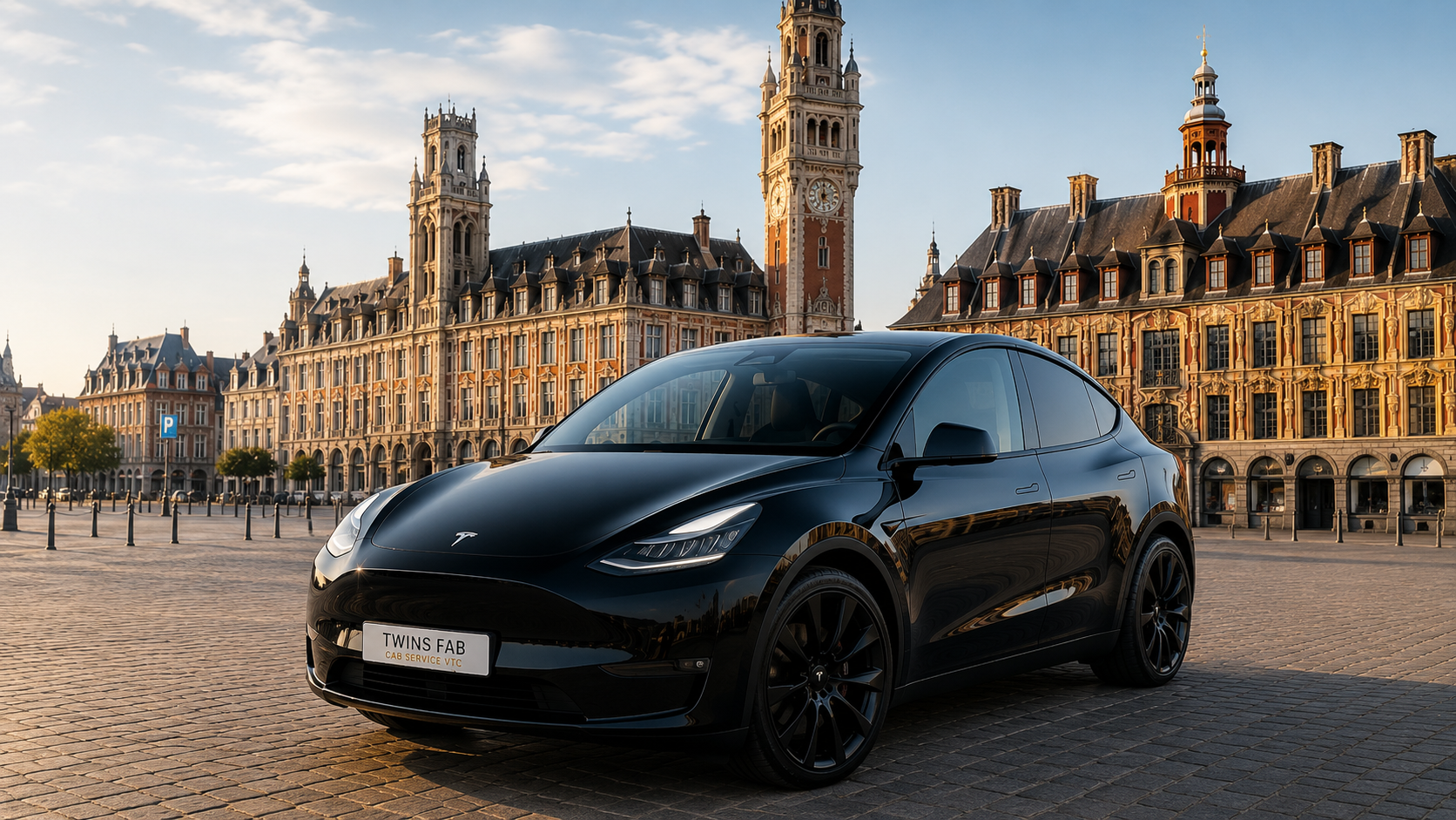 Tesla Model Y noire devant la Grand-Place de Lille